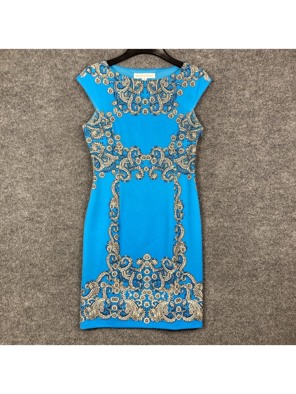 Maggy London Womens Size 8 Royal Blue Pattern Sheath Lined Knee Length Zip Dress